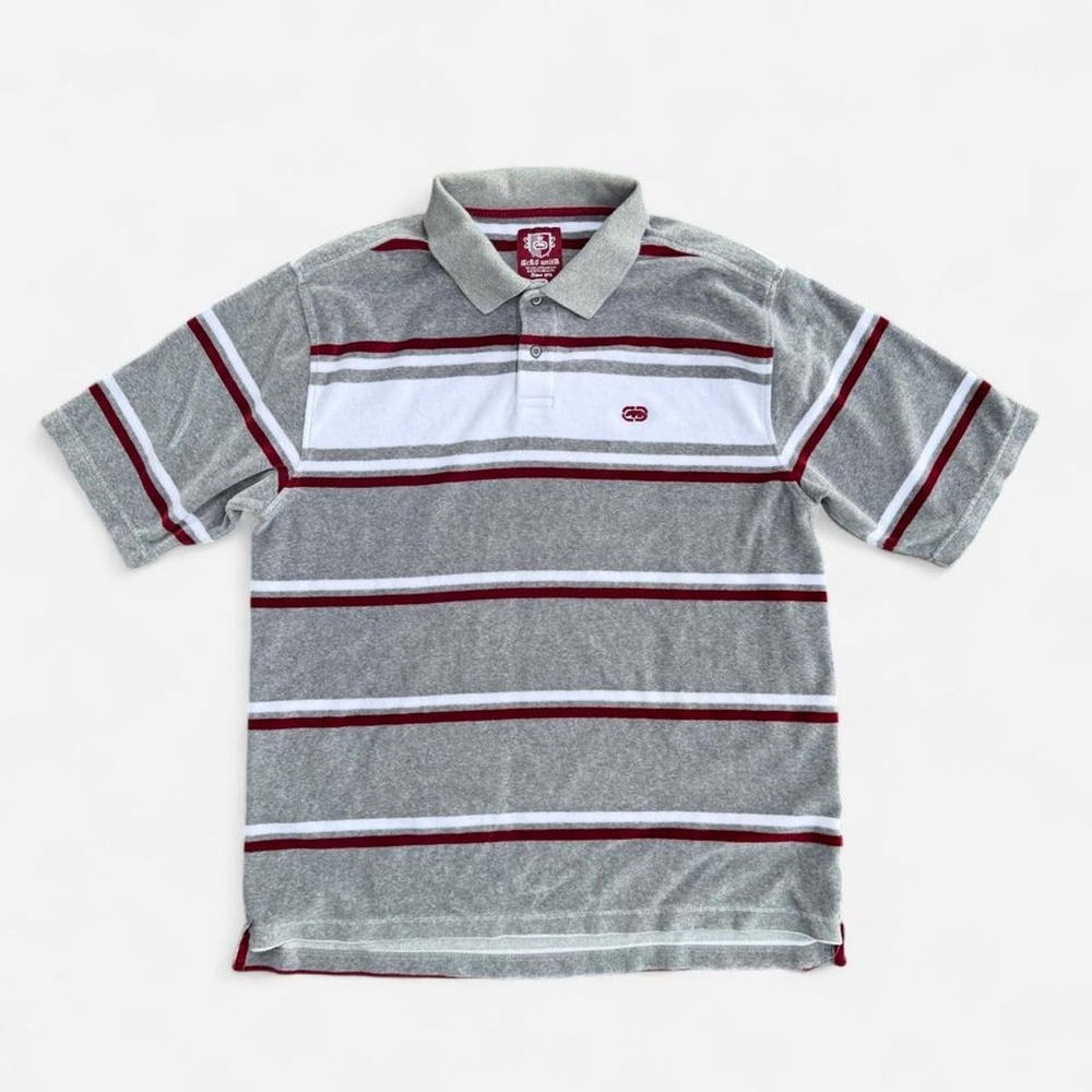 Vintage Ecko Unltd Striped Polo Shirt Gray Red White Y2K Retro Mens Large
